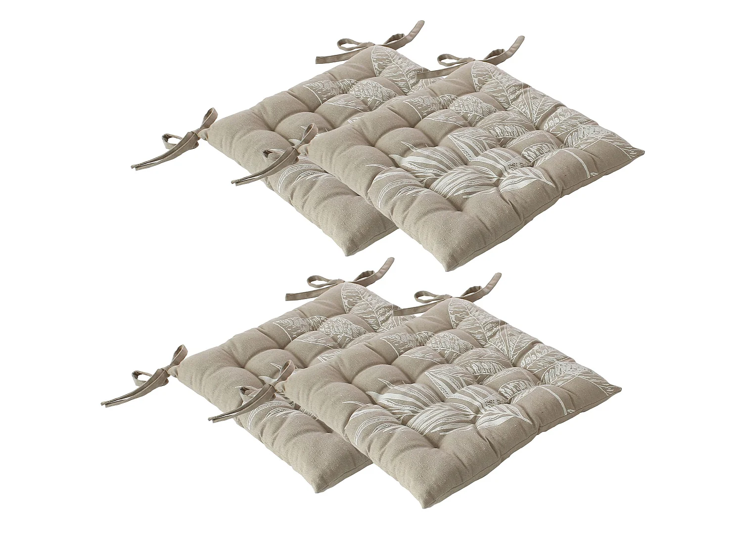 Lot de 4 galettes de chaise carrées 38x38 cm – coton à motif végétal – avec nouettes – Collection Natura CMADECO - Beige