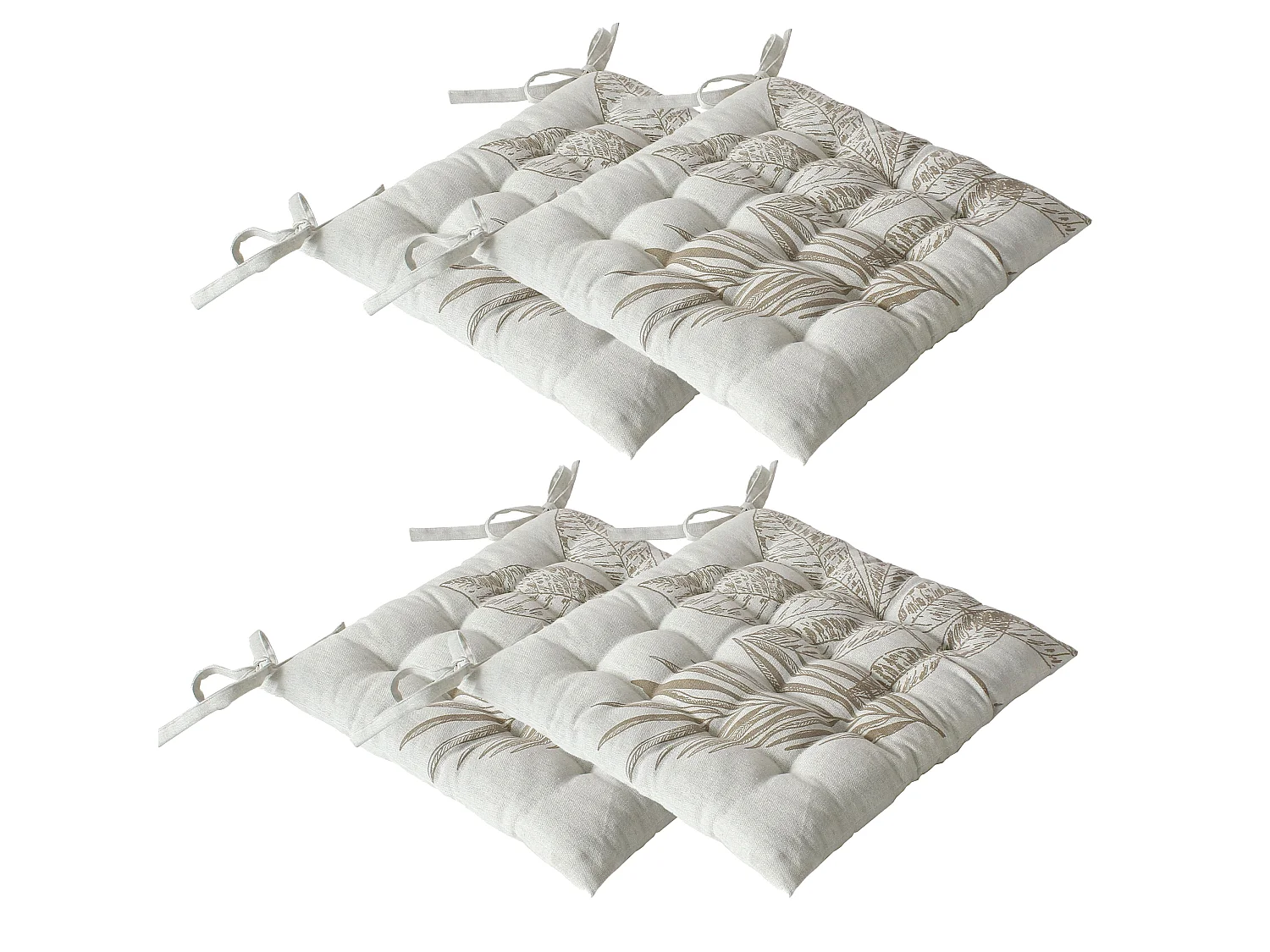 Lot de 4 galettes de chaise carrées 38x38 cm – coton à motif végétal – avec nouettes – Collection Natura CMADECO - Blanc