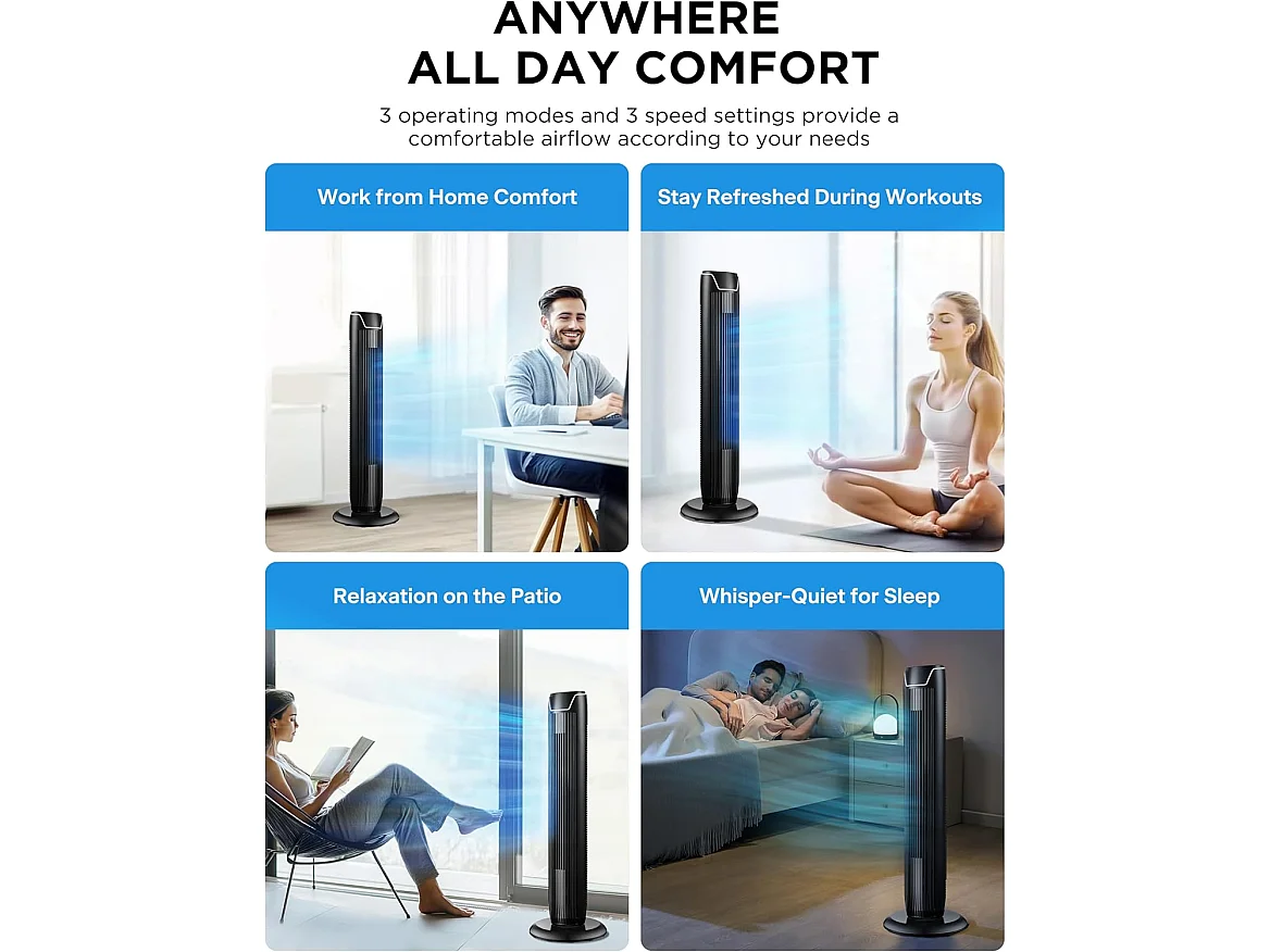 36 Inch Portable Tower Fan with 3 Speeds 3 Modes LED Display & 7 Hour Timer