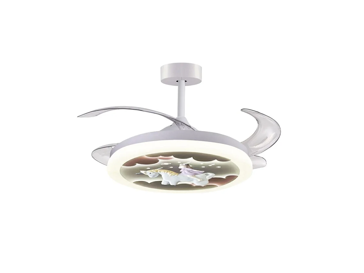 Ventilateur de plafond Bel Air Licorne pour enfants avec lames rétractables - Blanc 96W Ø91 cm