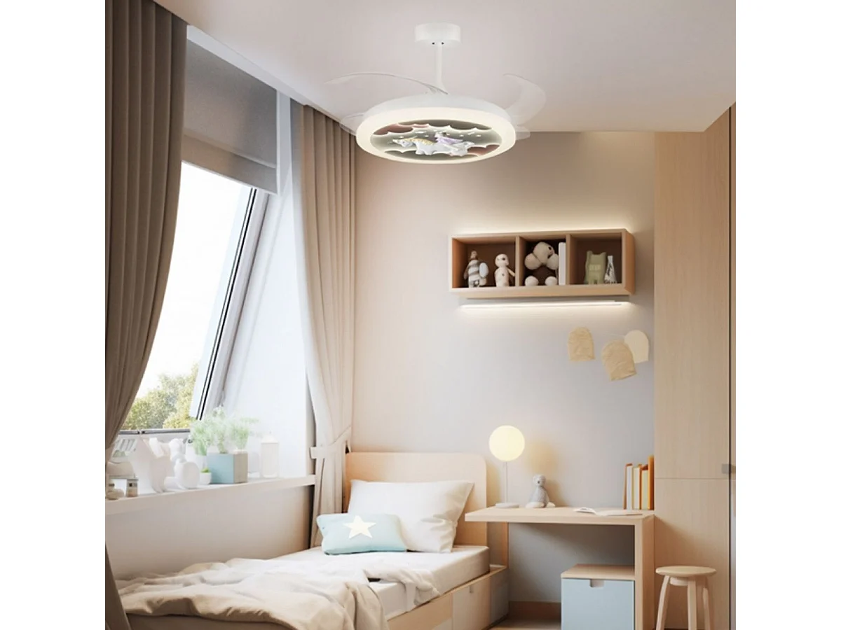 Ventilateur de plafond Bel Air Licorne pour enfants avec lames rétractables - Blanc 96W Ø91 cm
