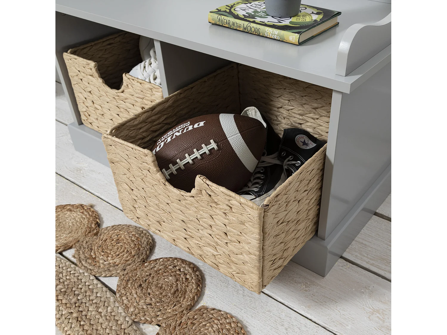 Noa & Nani Stockholm Storage Bench with 2 Brown Baskets in Silk Grey
