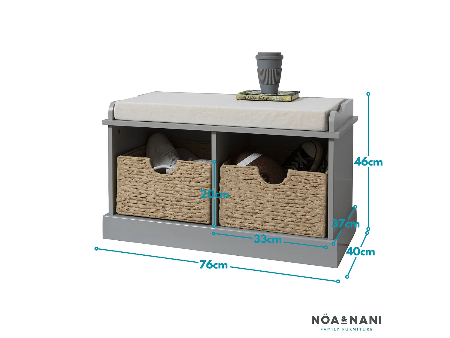 Noa & Nani Stockholm Storage Bench with 2 Brown Baskets in Silk Grey