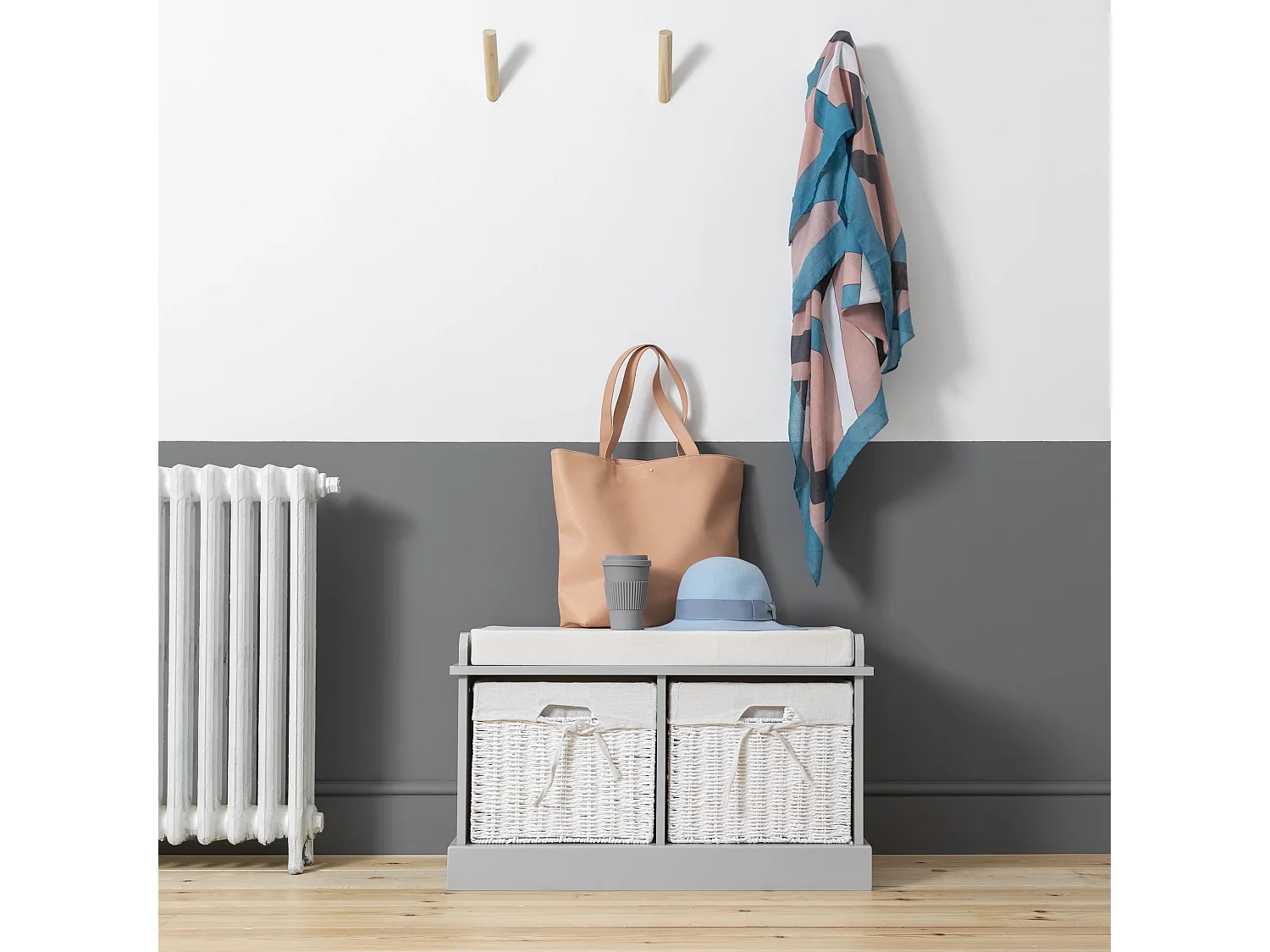 Noa & Nani Stockholm Storage Bench with 2 Baskets in Silk Grey