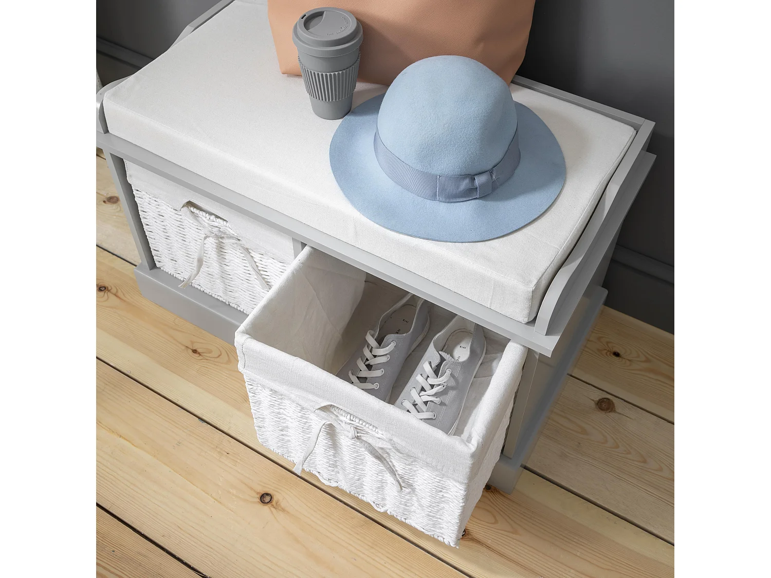 Noa & Nani Stockholm Storage Bench with 2 Baskets in Silk Grey