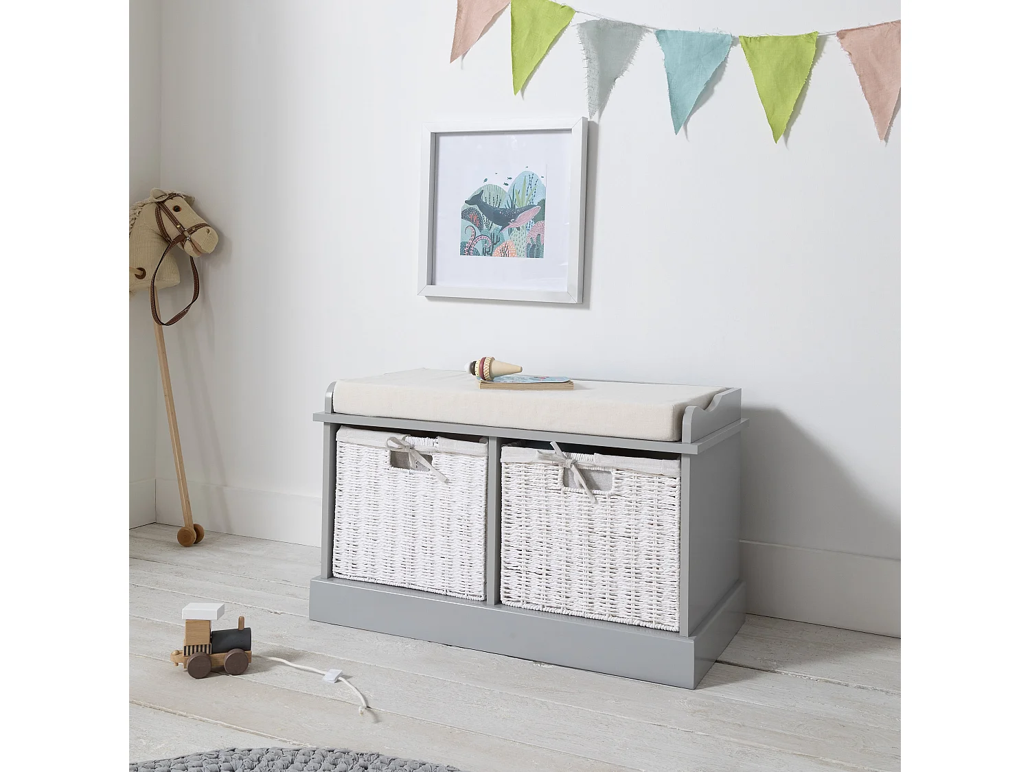 Noa & Nani Stockholm Storage Bench with 2 Baskets in Silk Grey