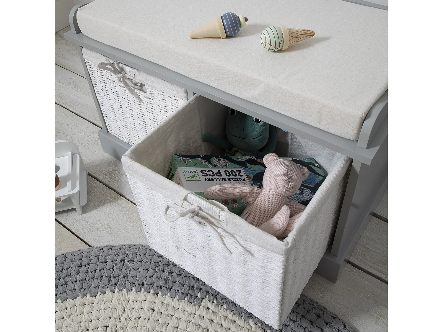 Noa & Nani Stockholm Storage Bench with 2 Baskets in Silk Grey