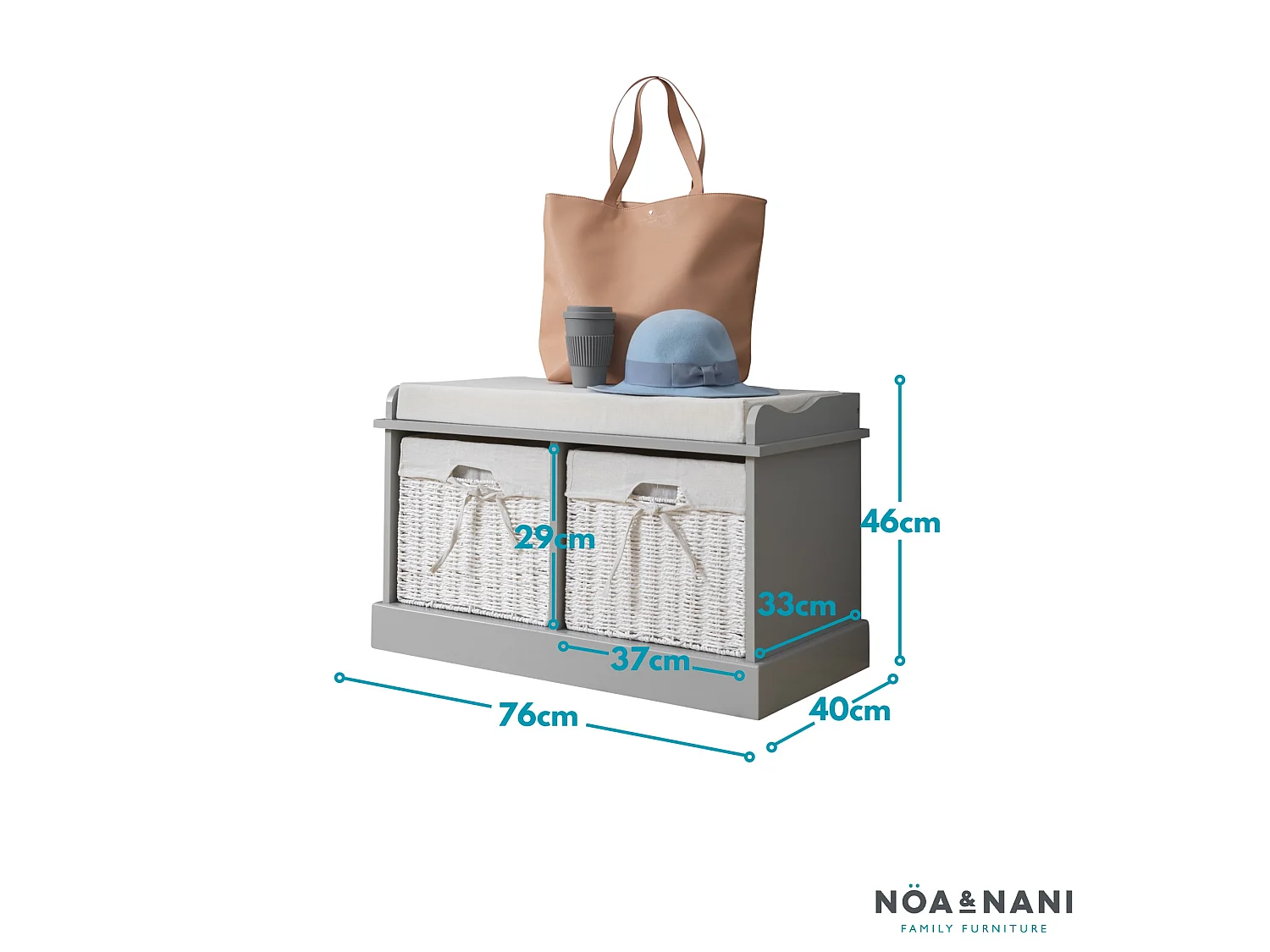 Noa & Nani Stockholm Storage Bench with 2 Baskets in Silk Grey
