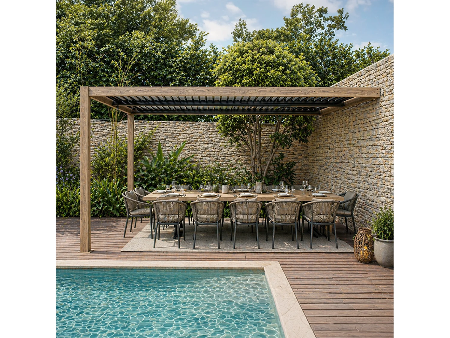Pergola bioclimatique 4x3m adossée effet bois SIFNOS