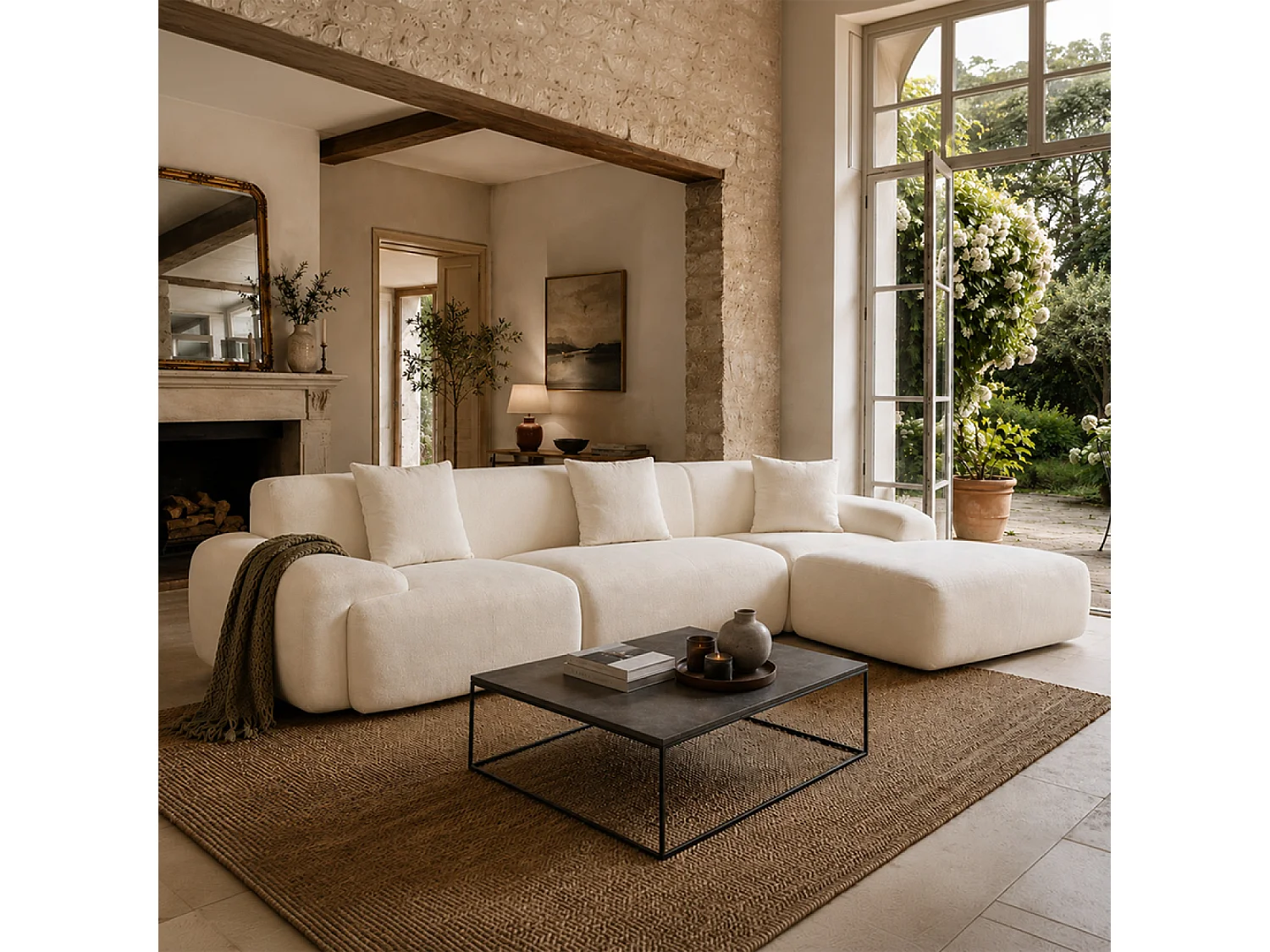 Canapé nuage compressé modulable en tissu chenille beige 4-5 places SHEFFIELD