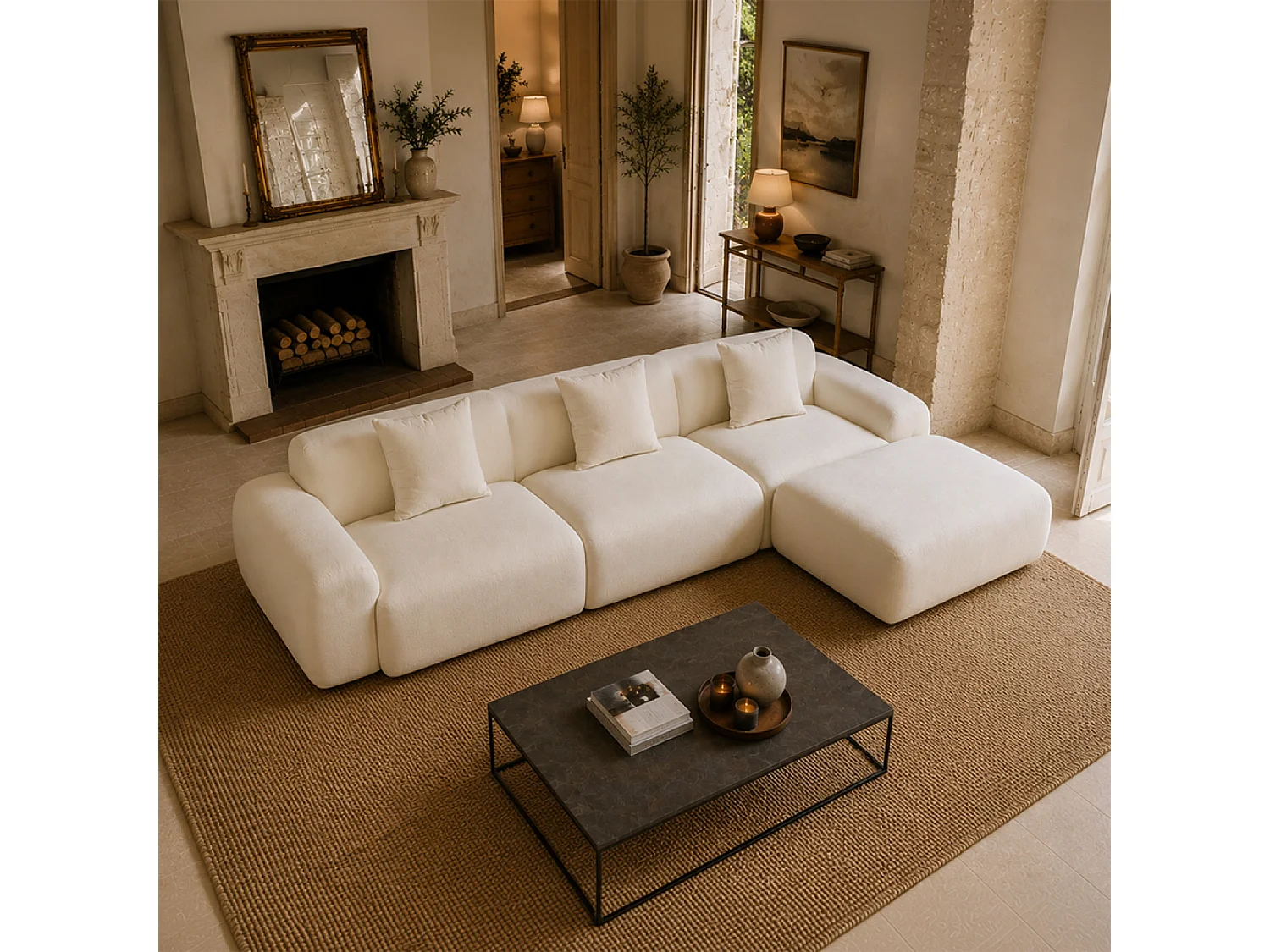 Canapé nuage compressé modulable en tissu chenille beige 4-5 places SHEFFIELD