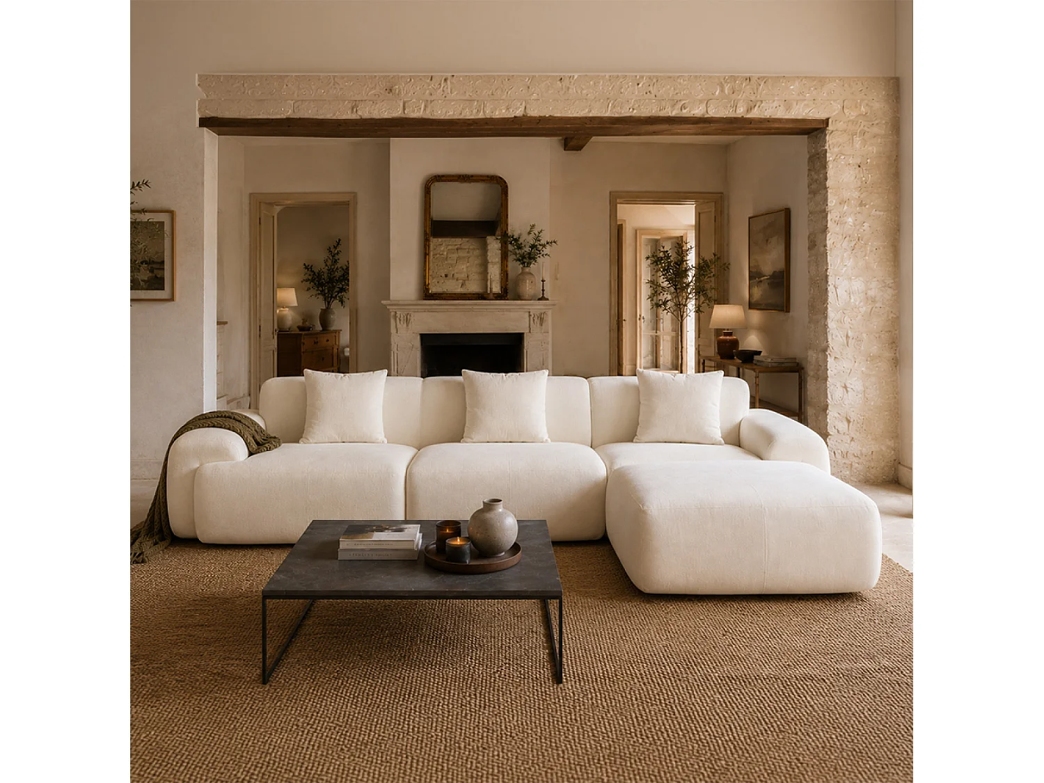 Canapé nuage compressé modulable en tissu chenille beige 4-5 places SHEFFIELD