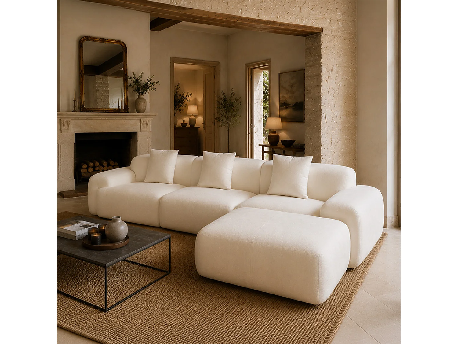 Canapé nuage compressé modulable en tissu chenille beige 4-5 places SHEFFIELD