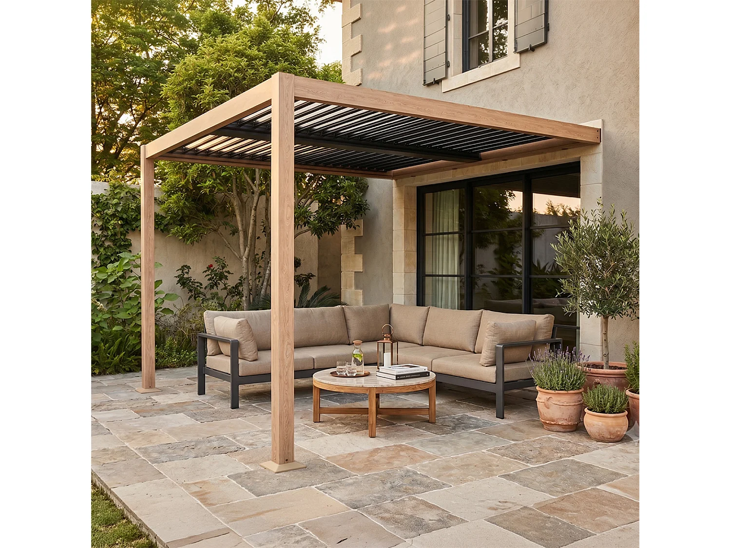 Pergola bioclimatique 3x3m adossée effet bois SIFNOS