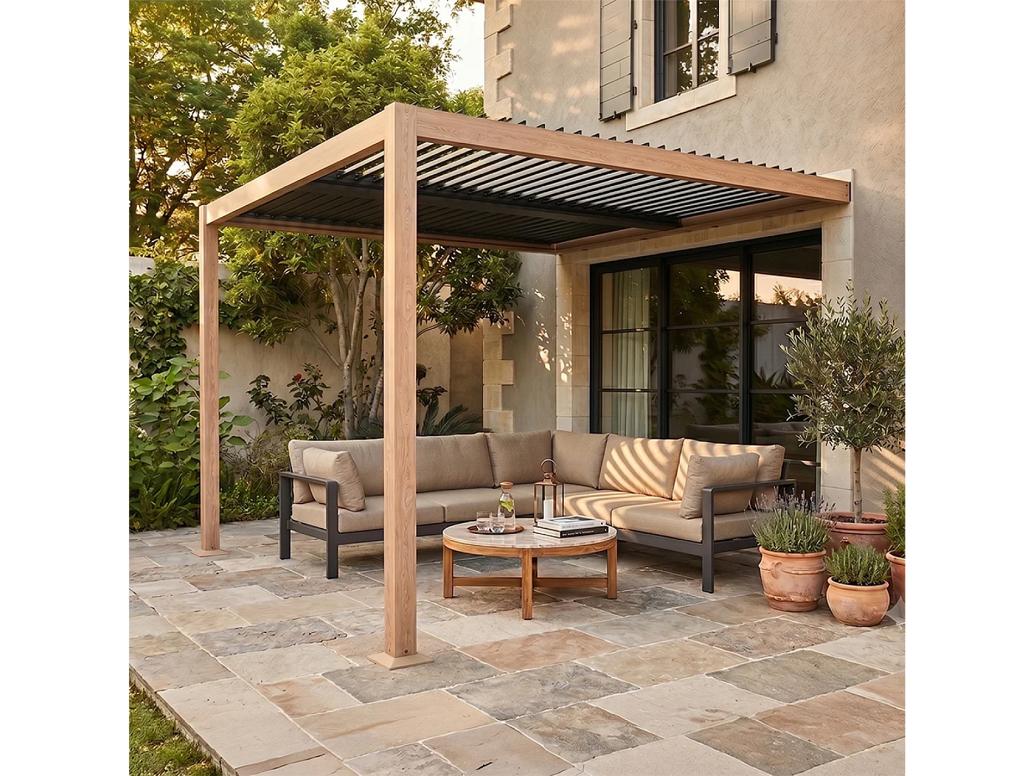 Pergola bioclimatique 3x3m adossée effet bois SIFNOS