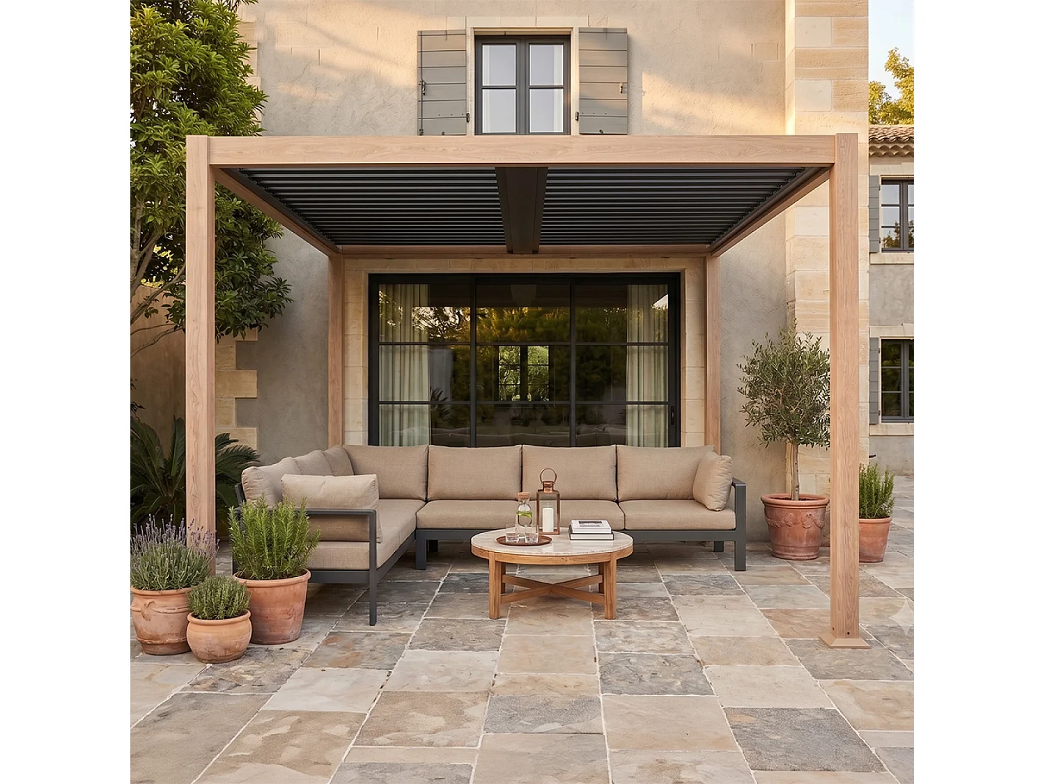Pergola bioclimatique 3x3m adossée effet bois SIFNOS