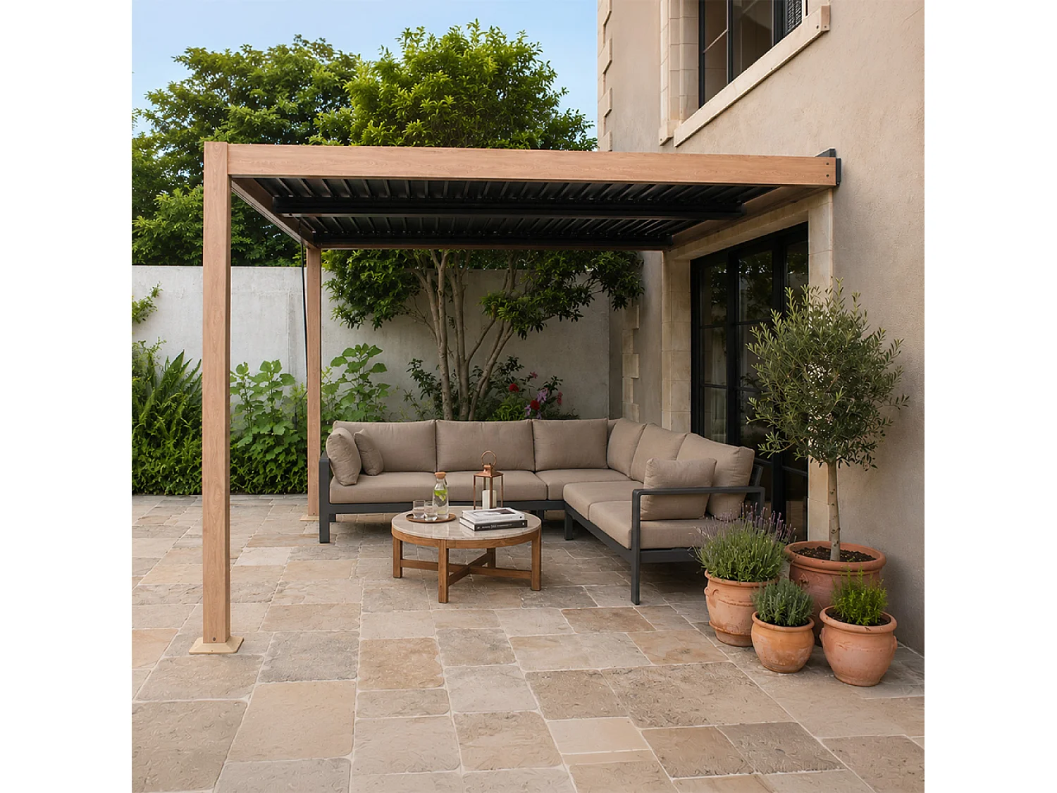 Pergola bioclimatique 3x3m adossée effet bois SIFNOS