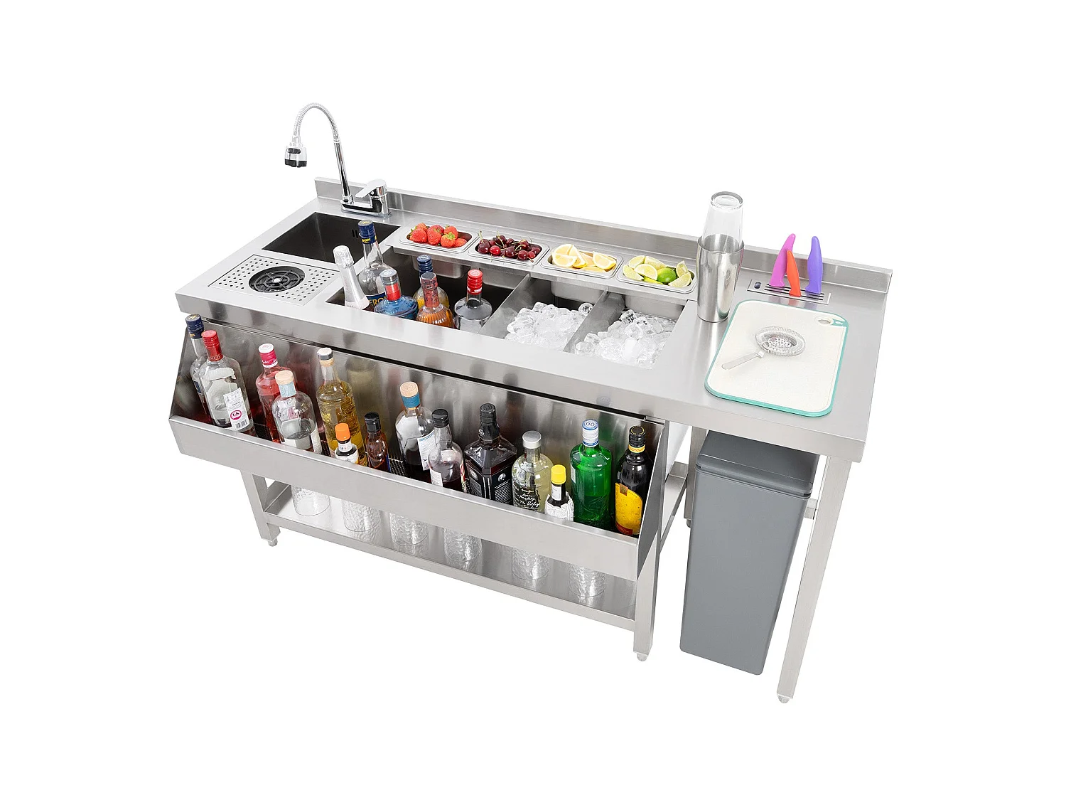 Luxe cocktail bar station - roestvrijstaal - ijsbak, mengkraan, flessenrail