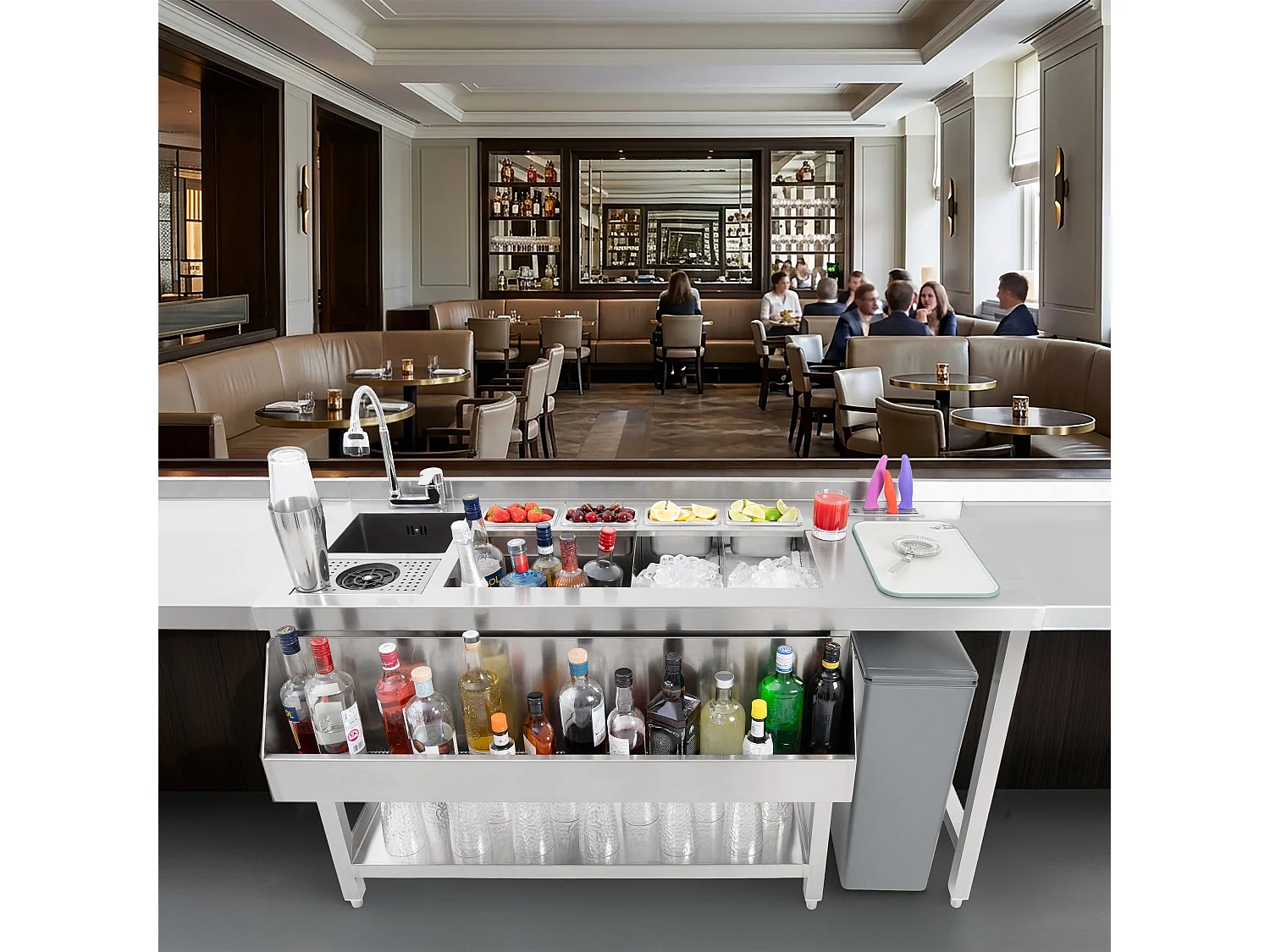 Luxe cocktail bar station - roestvrijstaal - ijsbak, mengkraan, flessenrail