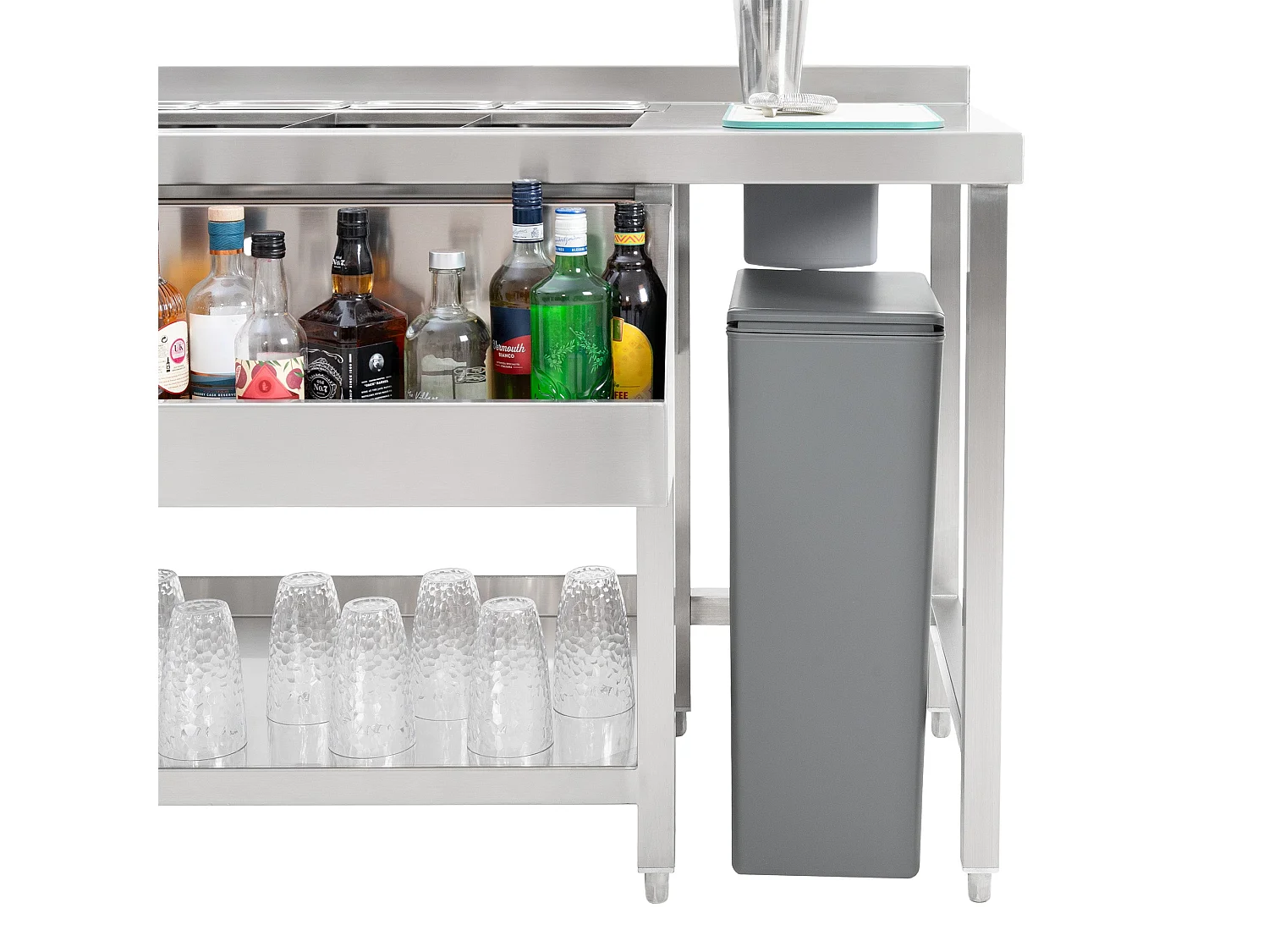 Luxe cocktail bar station - roestvrijstaal - ijsbak, mengkraan, flessenrail
