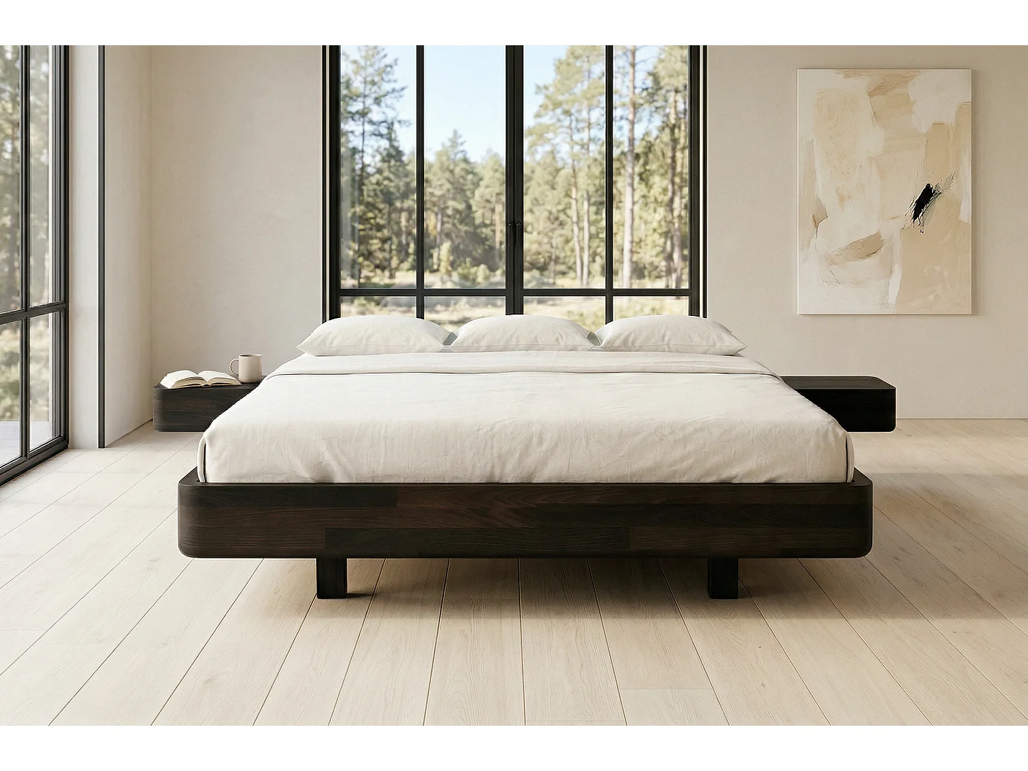 Łóżko lewitujące drewniane bukowe Visby LENA FLAT z szafkami / 200x200 cm, kolor palisander
