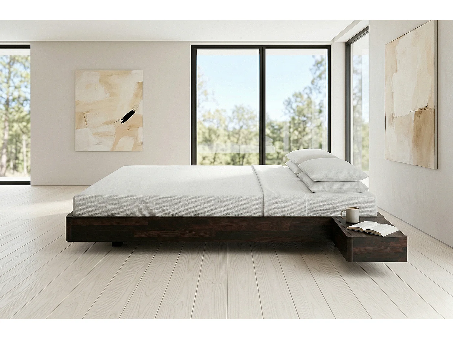 Łóżko lewitujące drewniane bukowe Visby LENA FLAT z szafkami / 200x200 cm, kolor palisander