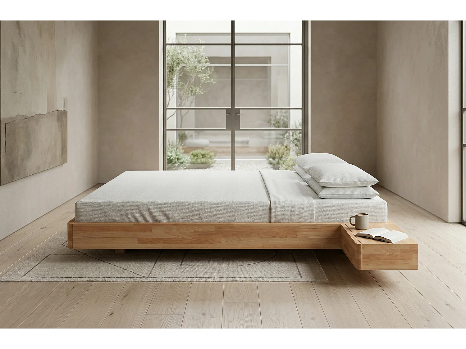Łóżko lewitujące drewniane bukowe Visby LENA FLAT z szafkami / 200x200 cm, kolor naturalny
