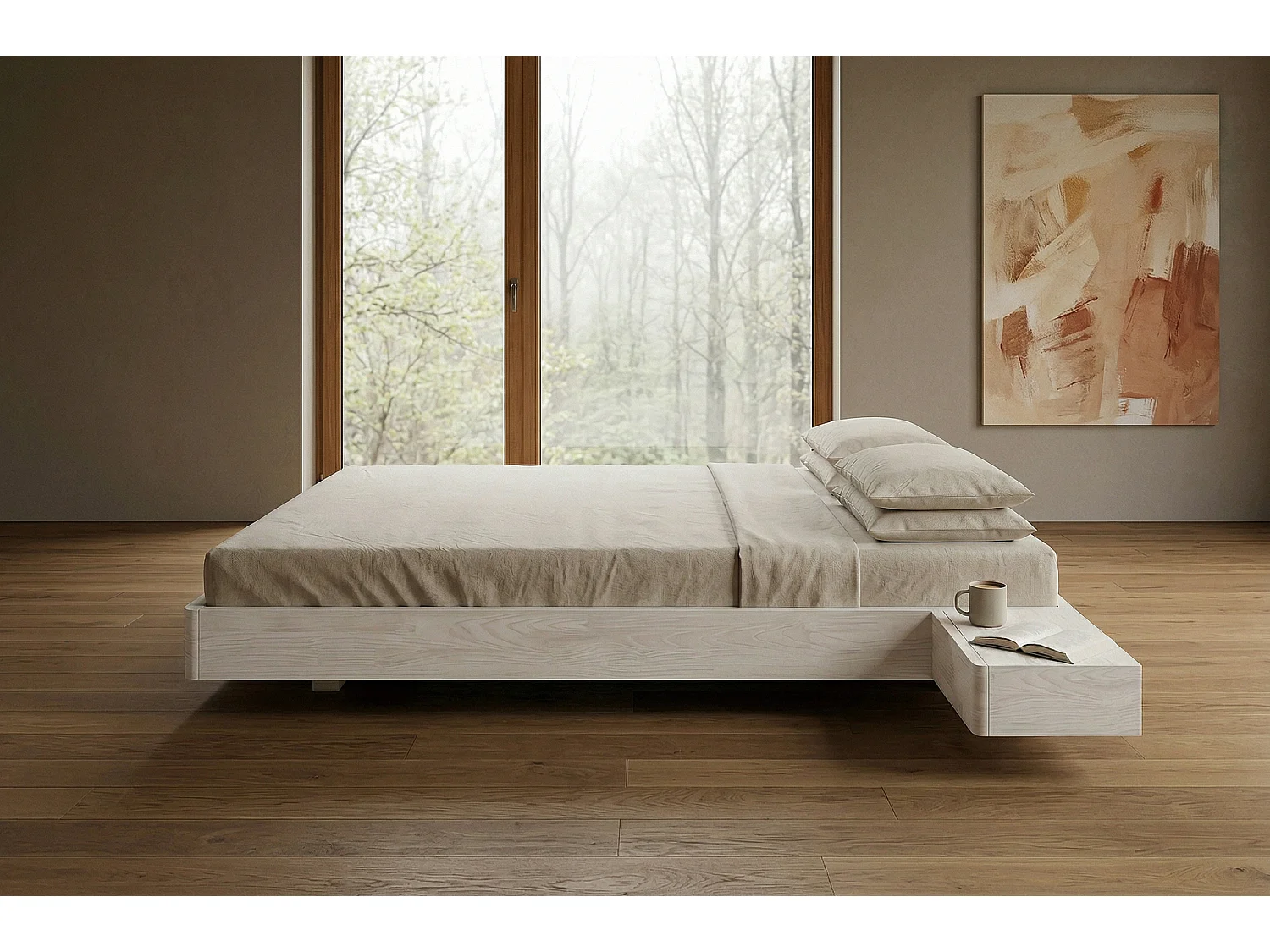 Łóżko lewitujące drewniane bukowe Visby LENA FLAT z szafkami / 200x200 cm, kolor biały