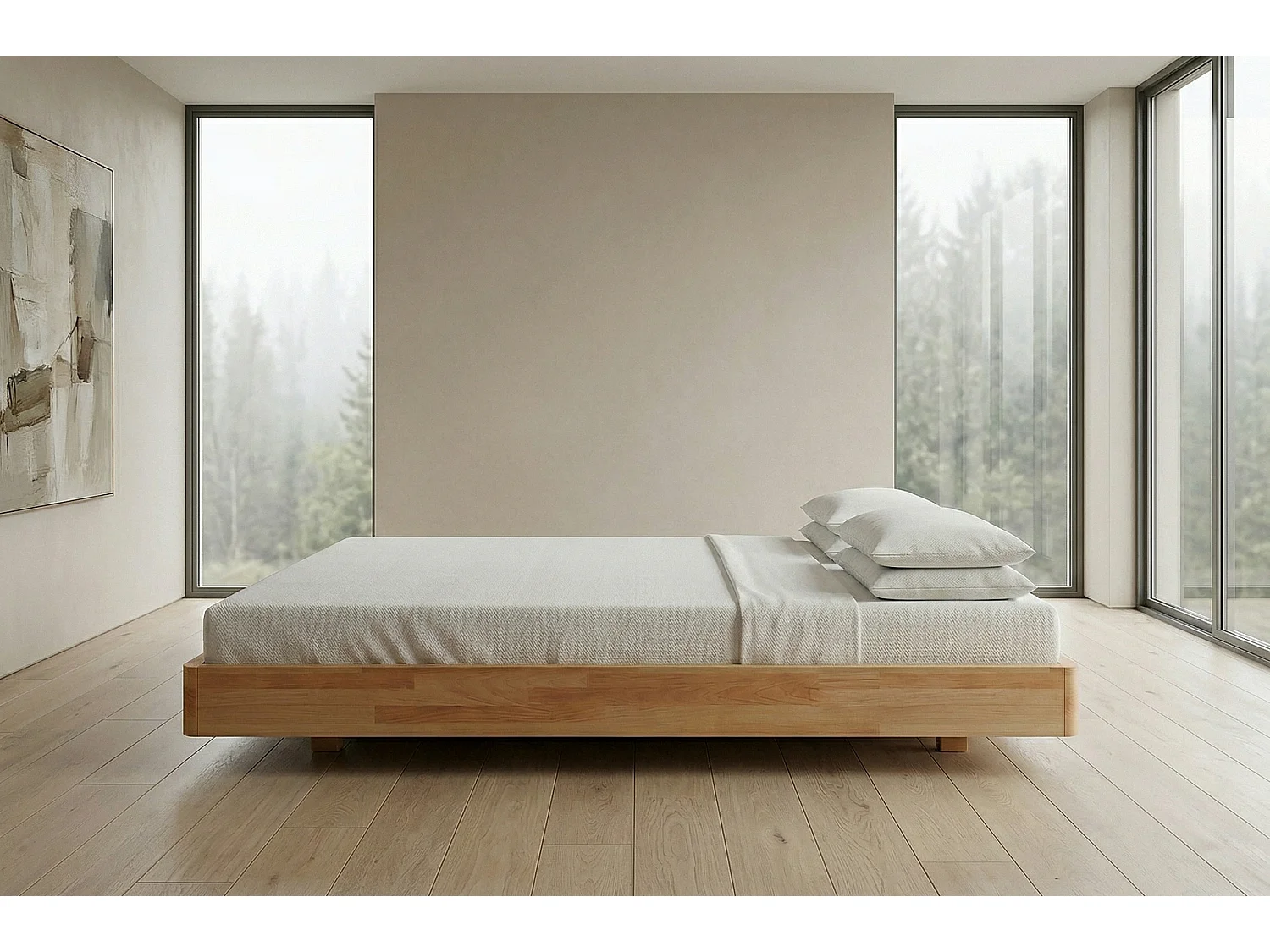 Łóżko lewitujące drewniane bukowe Visby LENA FLAT bez szafek / 200x200 cm, kolor naturalny