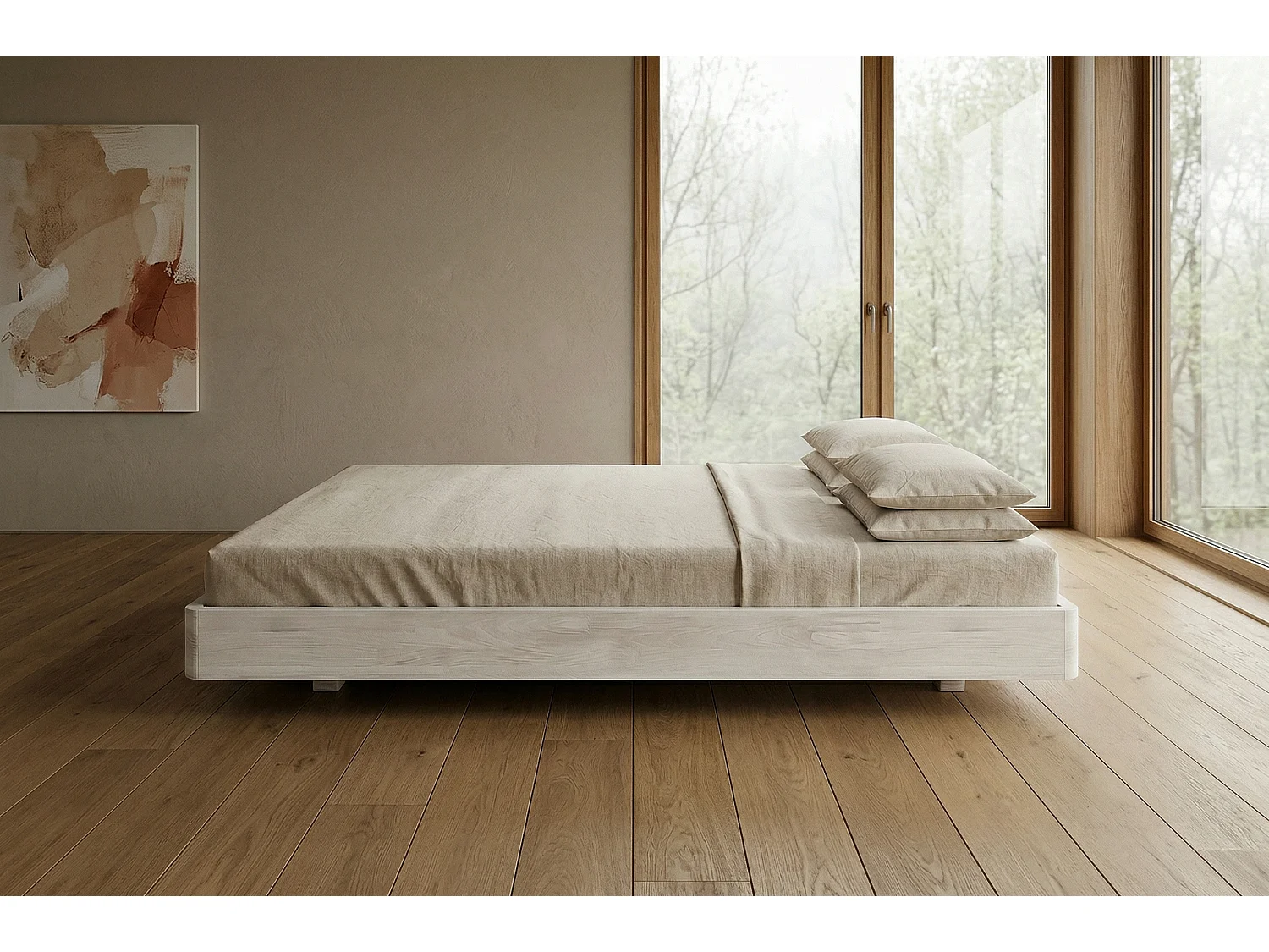 Łóżko lewitujące drewniane bukowe Visby LENA FLAT bez szafek / 200x200 cm, kolor biały