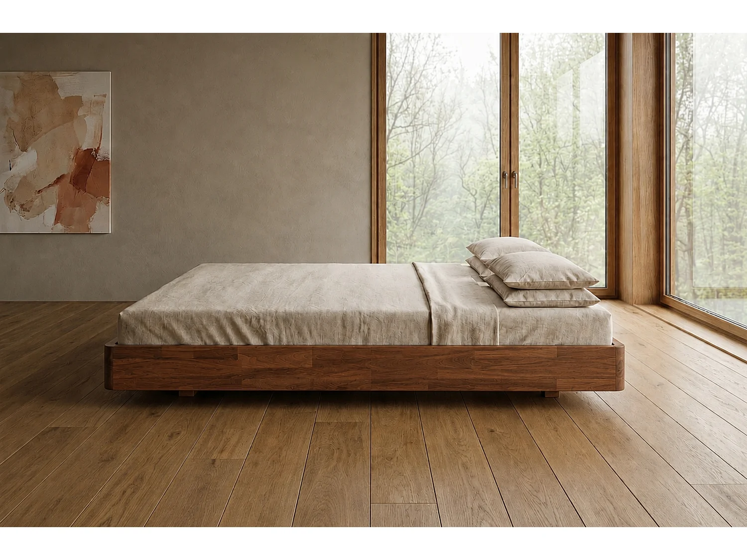 Łóżko lewitujące drewniane bukowe Visby LENA FLAT bez szafek / 200x200 cm, kolor orzech