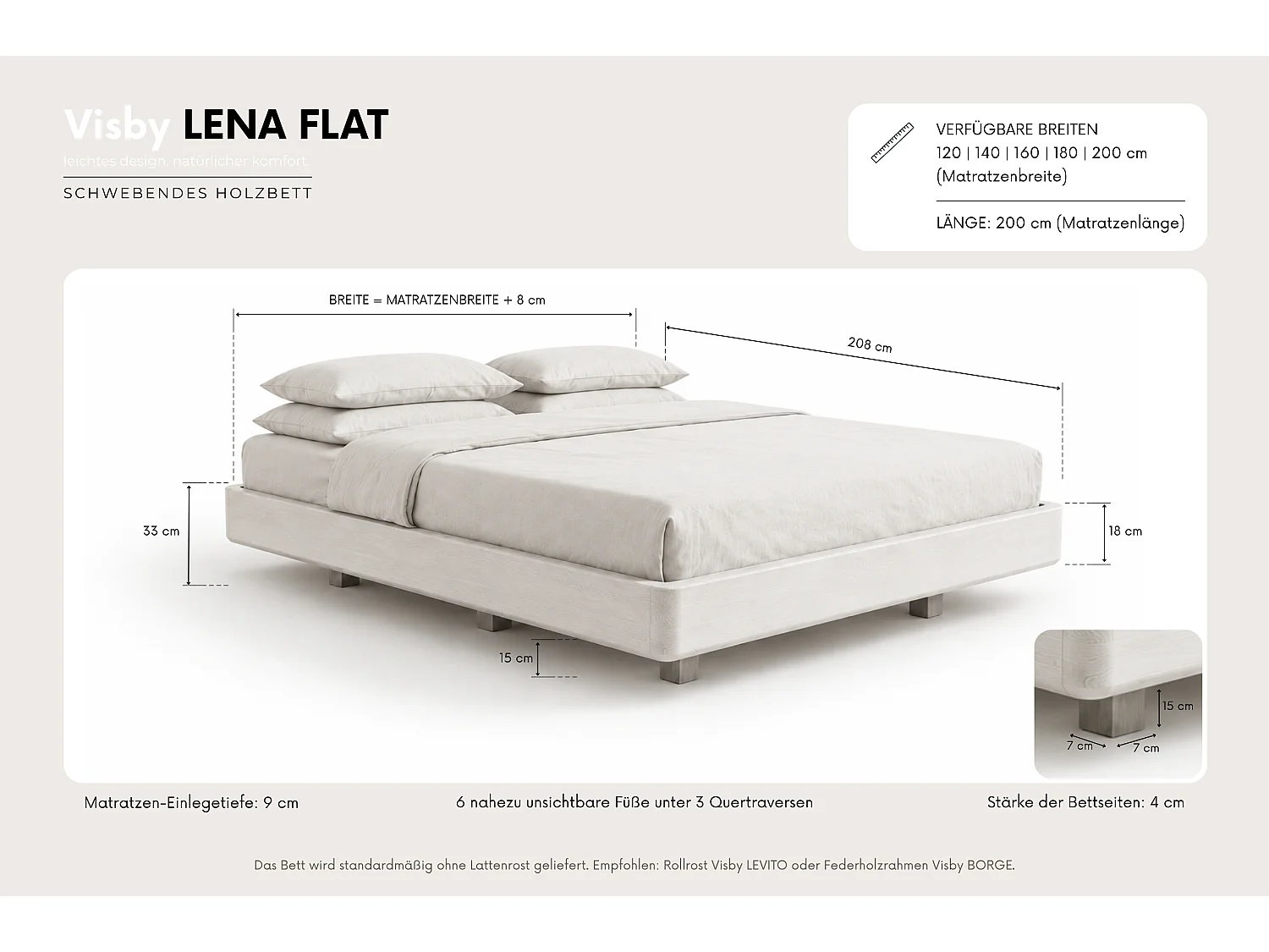 Łóżko lewitujące drewniane bukowe Visby LENA FLAT bez szafek / 160x200 cm, kolor biały