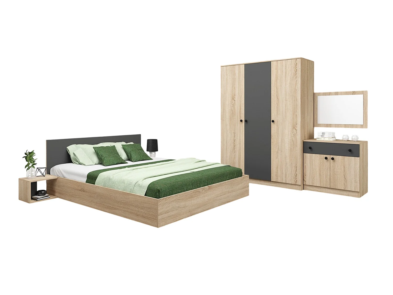 Camera da letto completa 160x200 cm in rovere chiaro e antracite CDMG1