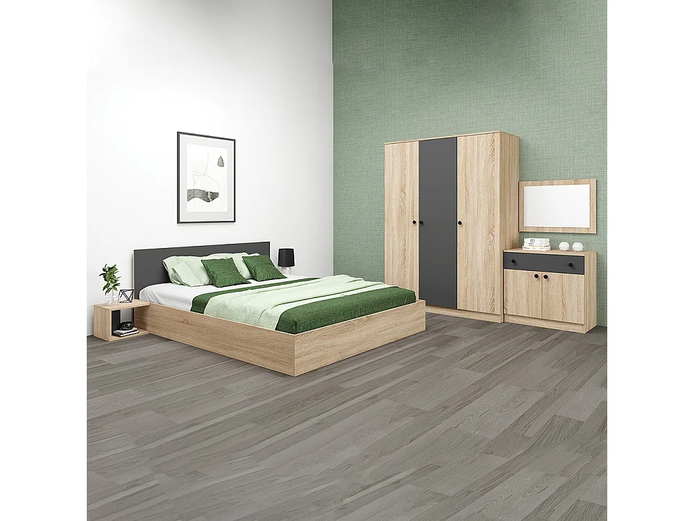 Camera da letto completa 160x200 cm in rovere chiaro e antracite CDMG1