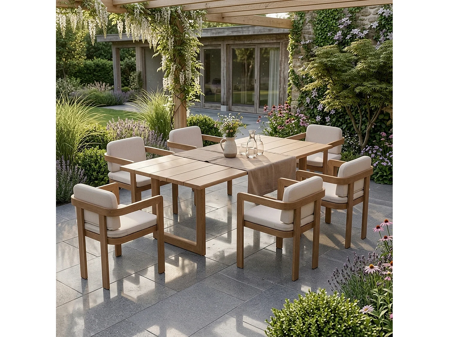 Sorrento Garten Essgruppe - Tisch und 6 Stühle, Aluminiummöbel mit Holzeffekt, Elegantes Design