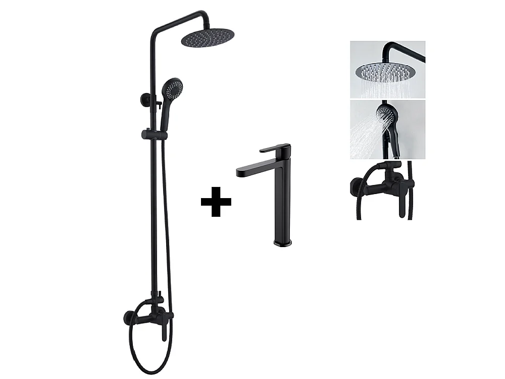 PACK Coluna de duche e Torneira de lavatório bica alta monocomando | Chuveiro redondo aço inox Ø20 cm | Anticalcário preto mate