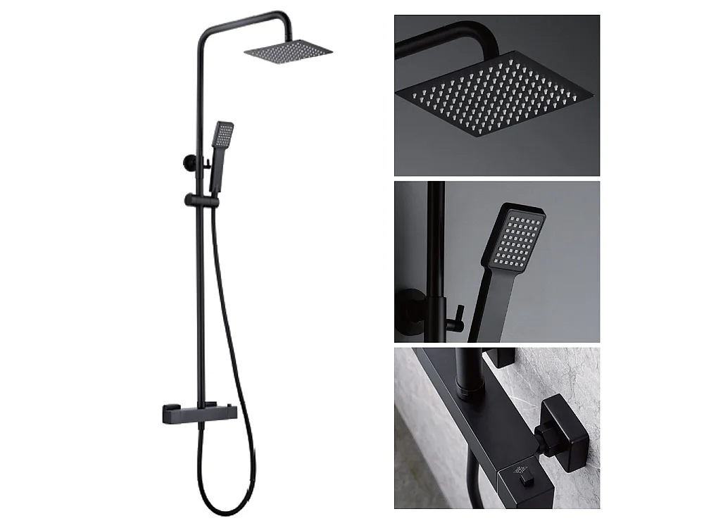 Douchekolom met thermostatische kraan | Vierkante regendouche van roestvrij staal S.304 20x20 cm | Extra vlak antikalk | Mat zwarte afwerking