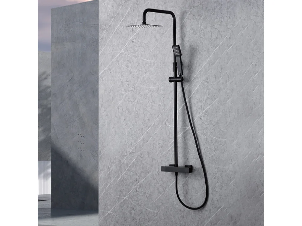 Douchekolom met thermostatische kraan | Vierkante regendouche van roestvrij staal S.304 20x20 cm | Extra vlak antikalk | Mat zwarte afwerking