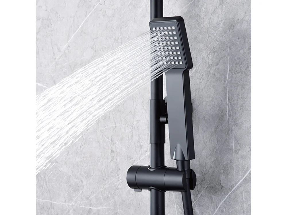 Douchekolom met thermostatische kraan | Vierkante regendouche van roestvrij staal S.304 20x20 cm | Extra vlak antikalk | Mat zwarte afwerking