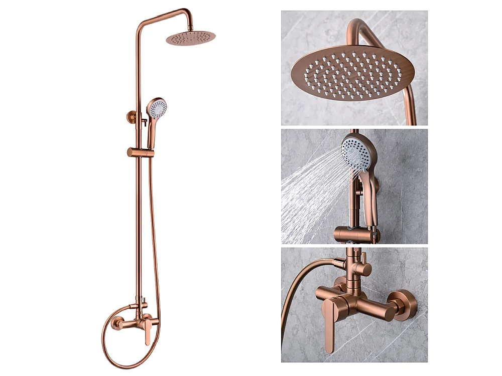 Coluna de Duche com Misturadora Monocomando | Chuveiro Redondo em Aço Inox S.304 Ø20 cm | Ultrafino Anticalcário Acabamento Ouro Rosa Escovado