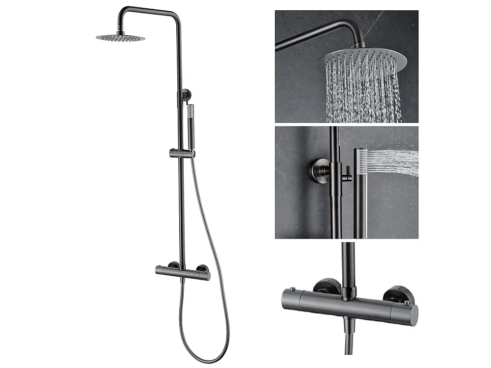 Douchekolom met thermostatische kraan | Ronde regendouche van roestvrij staal S.304 Ø20 cm | Extra vlak antikalk | Black Gun Metal afwerking