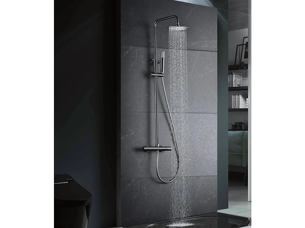 Douchekolom met thermostatische kraan | Ronde regendouche van roestvrij staal S.304 Ø20 cm | Extra vlak antikalk | Black Gun Metal afwerking