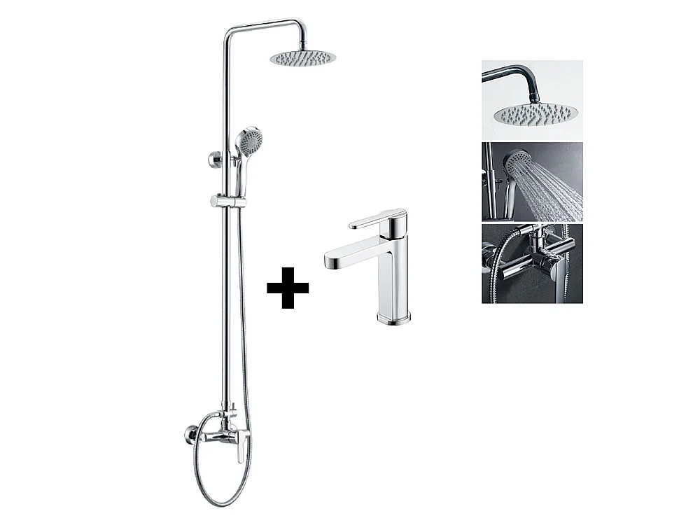 PACK Coluna de duche e Torneira de lavatório bica baixa monocomando | Chuveiro redondo aço inox Ø20 cm | Anticalcário cromado
