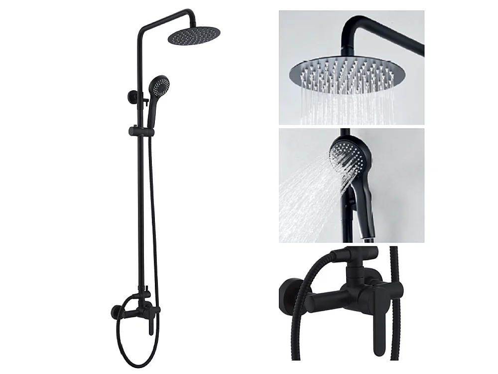 Coluna de Duche com Misturadora Monocomando | Chuveiro Redondo em Aço Inox S.304 Ø20 cm | Ultrafino Anticalcário Acabamento Preto Mate