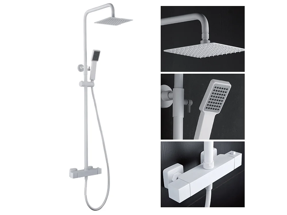 Douchekolom met thermostatische kraan | Vierkante regendouche van roestvrij staal S.304 20x20 cm | Extra vlak antikalk | Mat witte afwerking