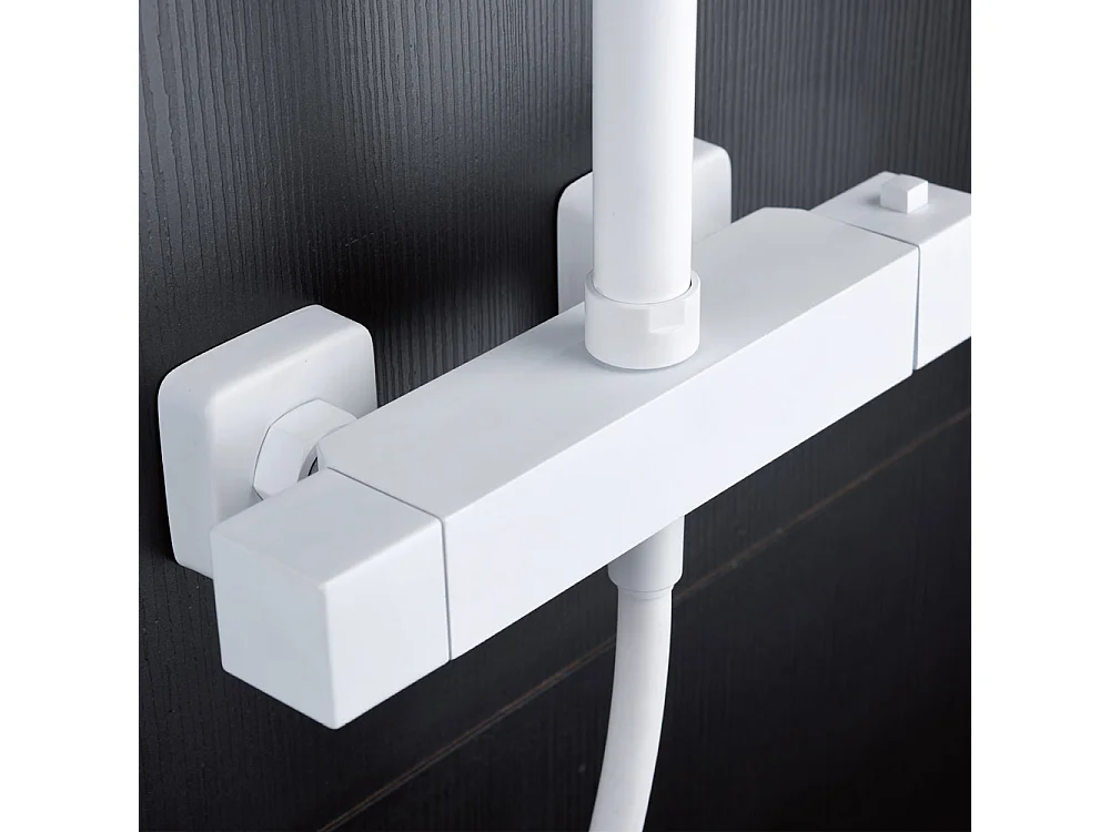 Douchekolom met thermostatische kraan | Vierkante regendouche van roestvrij staal S.304 20x20 cm | Extra vlak antikalk | Mat witte afwerking