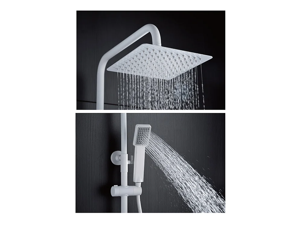 Douchekolom met thermostatische kraan | Vierkante regendouche van roestvrij staal S.304 20x20 cm | Extra vlak antikalk | Mat witte afwerking
