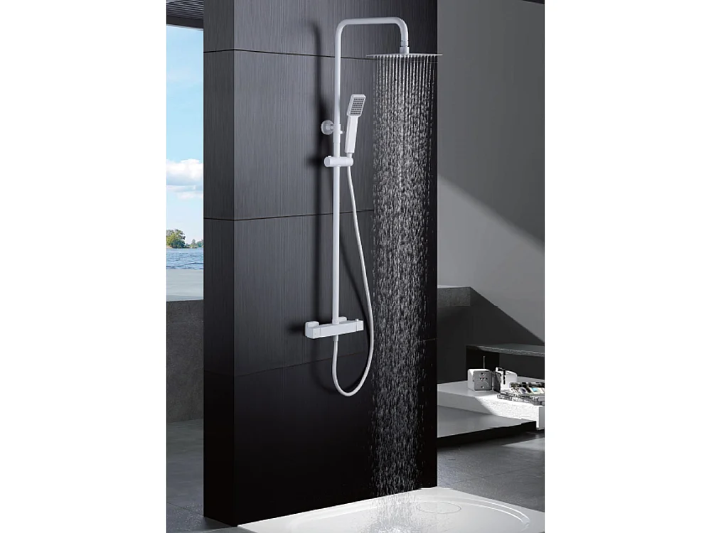 Douchekolom met thermostatische kraan | Vierkante regendouche van roestvrij staal S.304 20x20 cm | Extra vlak antikalk | Mat witte afwerking