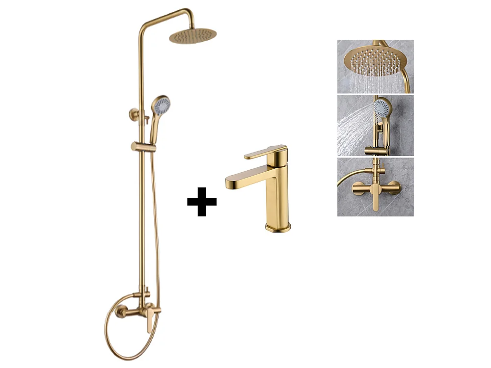 PACK Coluna de duche e Torneira de lavatório bica baixa monocomando | Chuveiro redondo aço inox Ø20 cm | Anticalcário ouro escovado