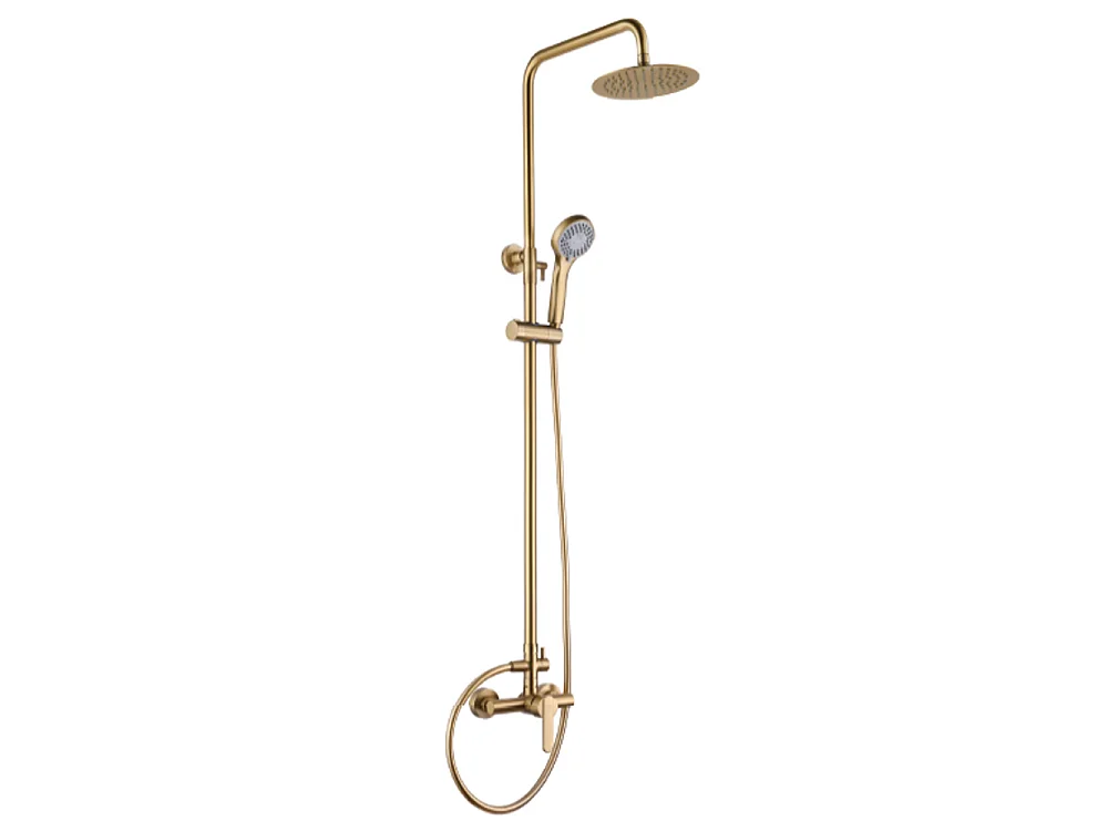 PACK Coluna de duche e Torneira de lavatório bica baixa monocomando | Chuveiro redondo aço inox Ø20 cm | Anticalcário ouro escovado